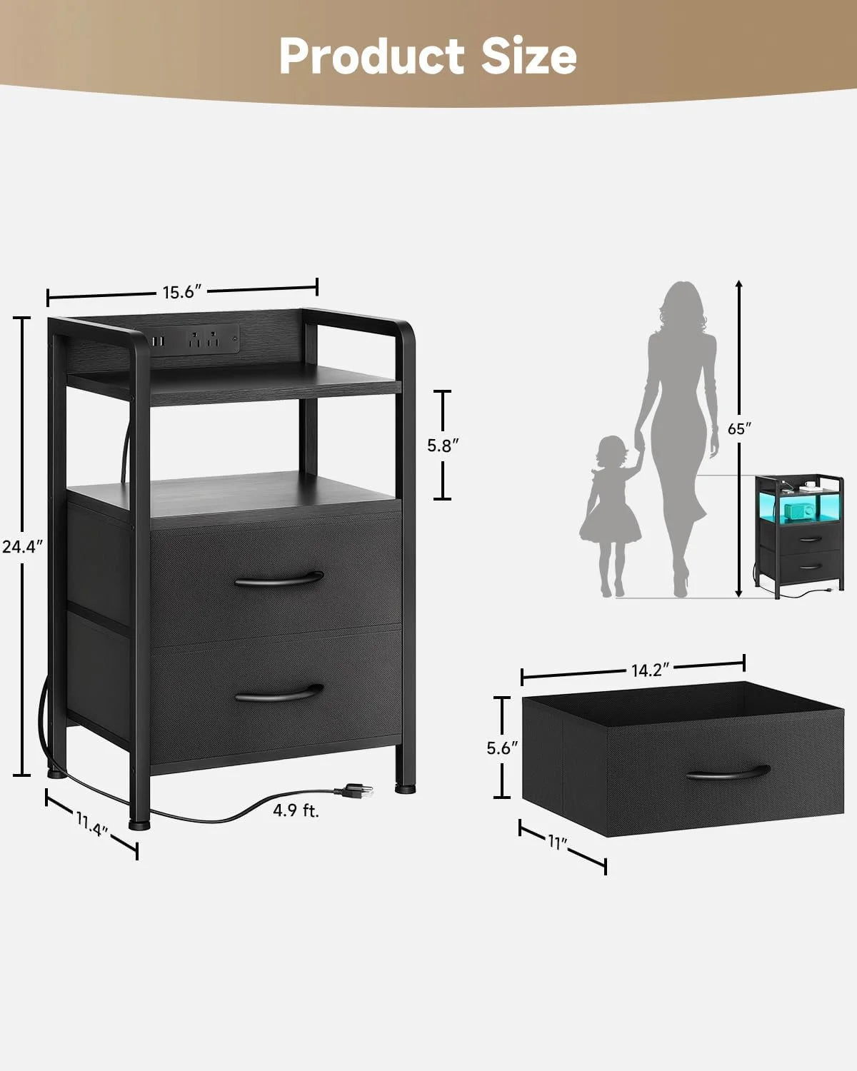 White Nightstand with Charging Station & LED Light Strip