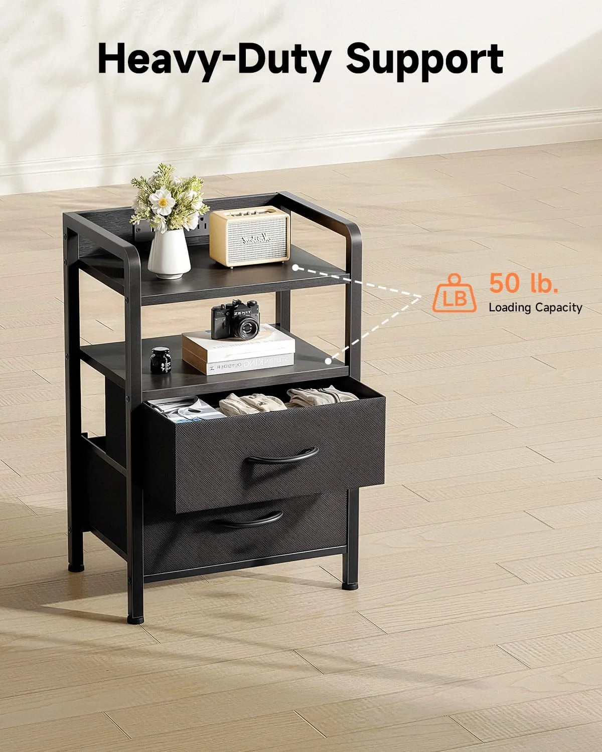 White Nightstand with Charging Station & LED Light Strip