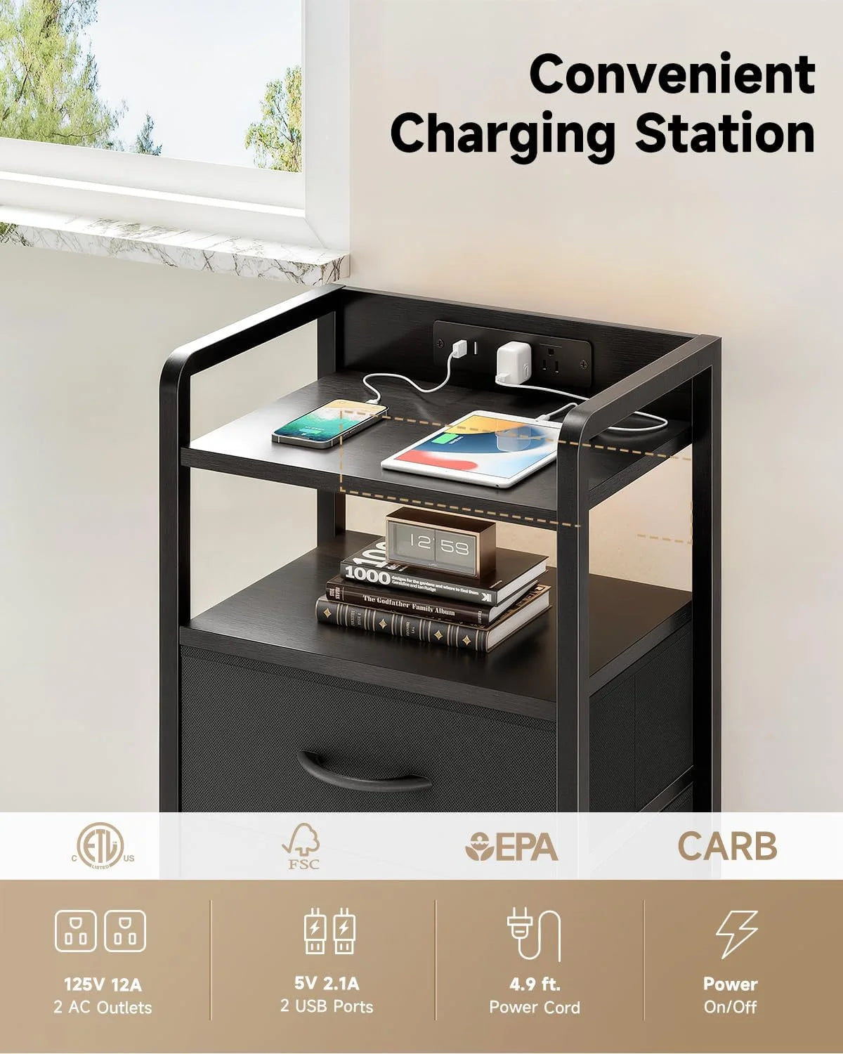 White Nightstand with Charging Station & LED Light Strip