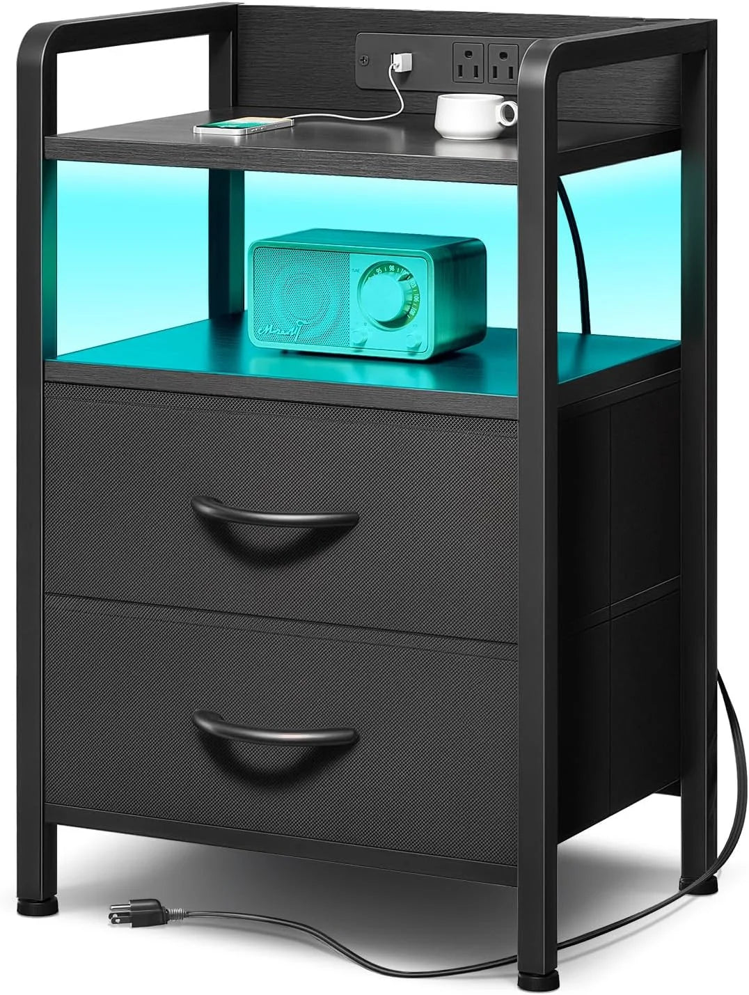 White Nightstand with Charging Station & LED Light Strip