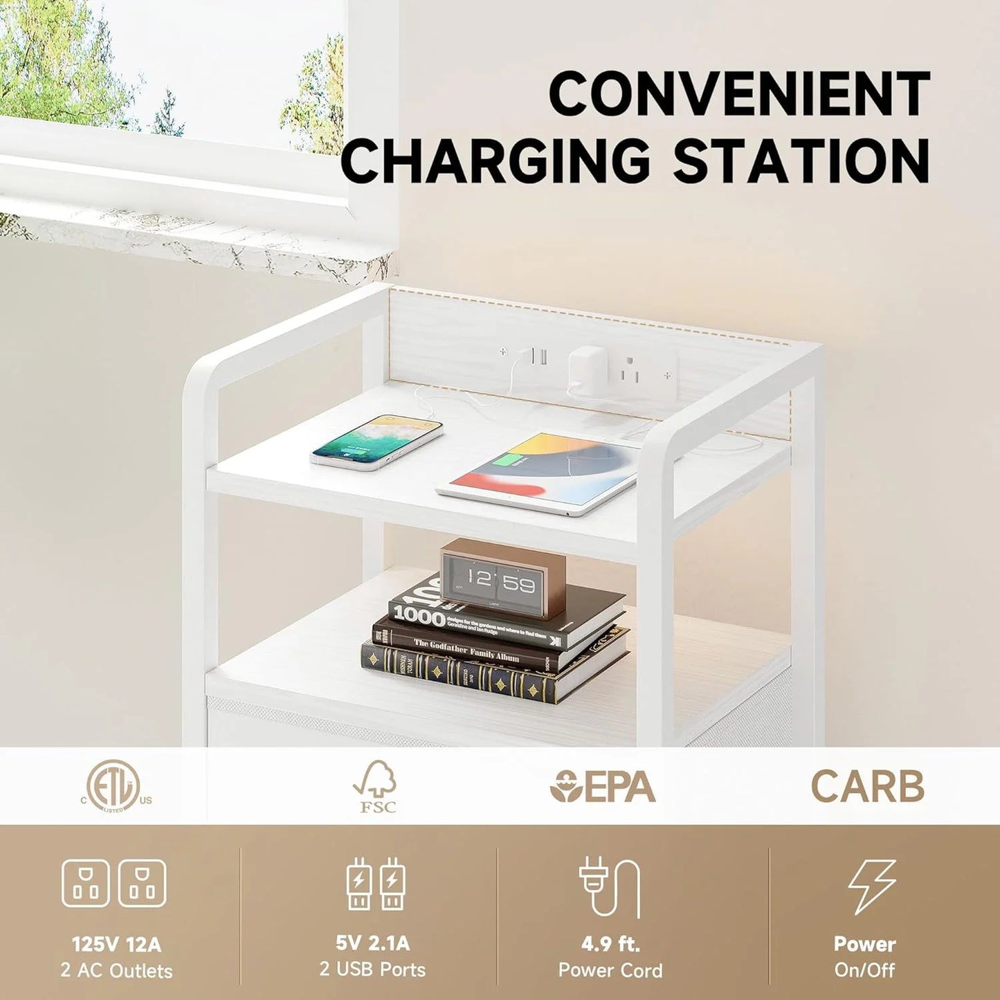 White Nightstand with Charging Station & LED Light Strip