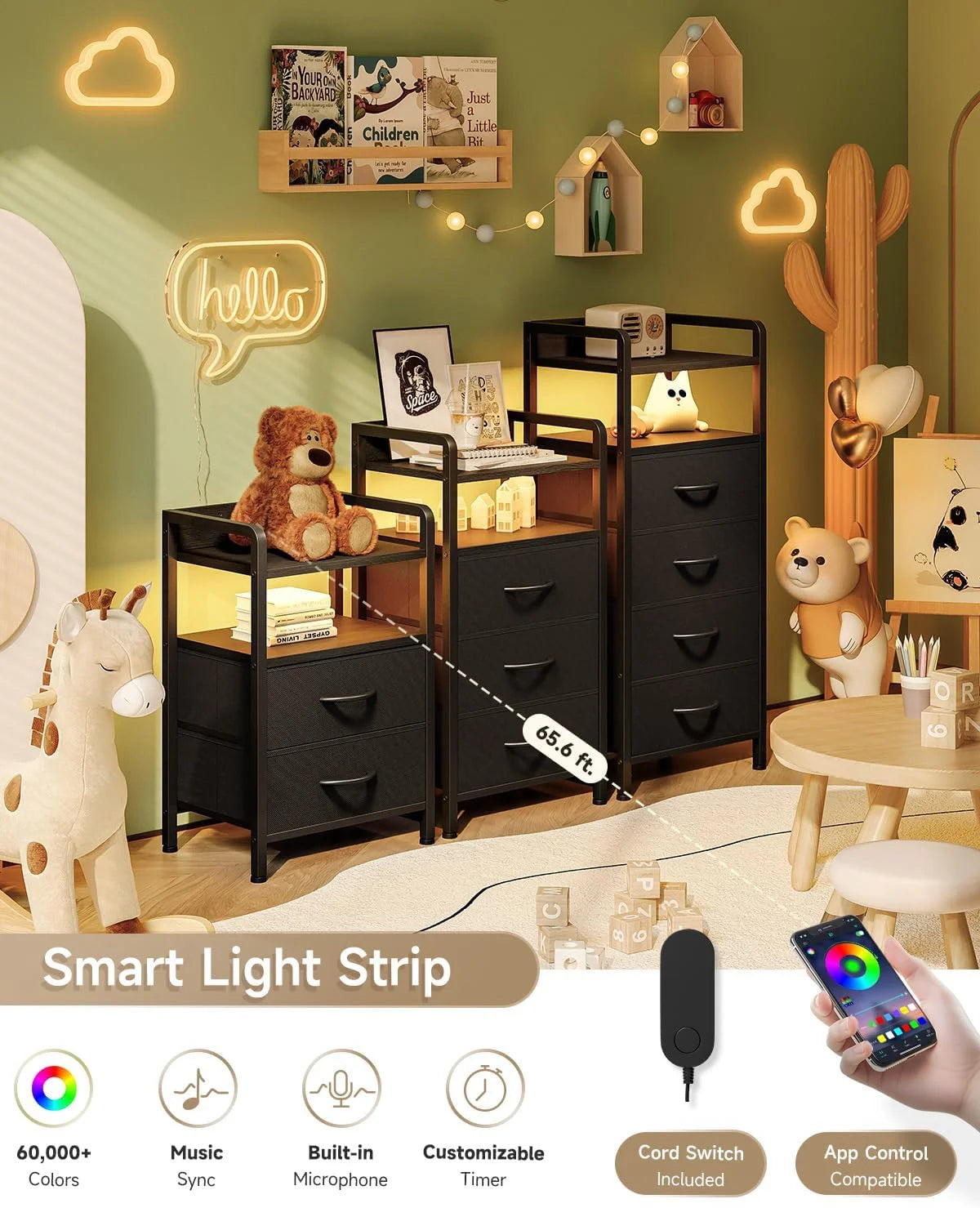 White Nightstand with Charging Station & LED Light Strip