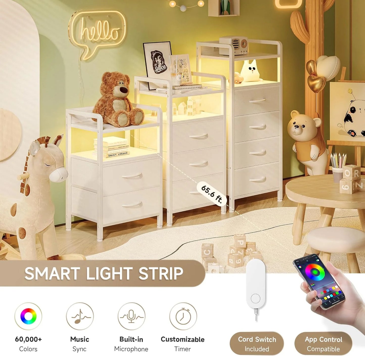 White Nightstand with Charging Station & LED Light Strip