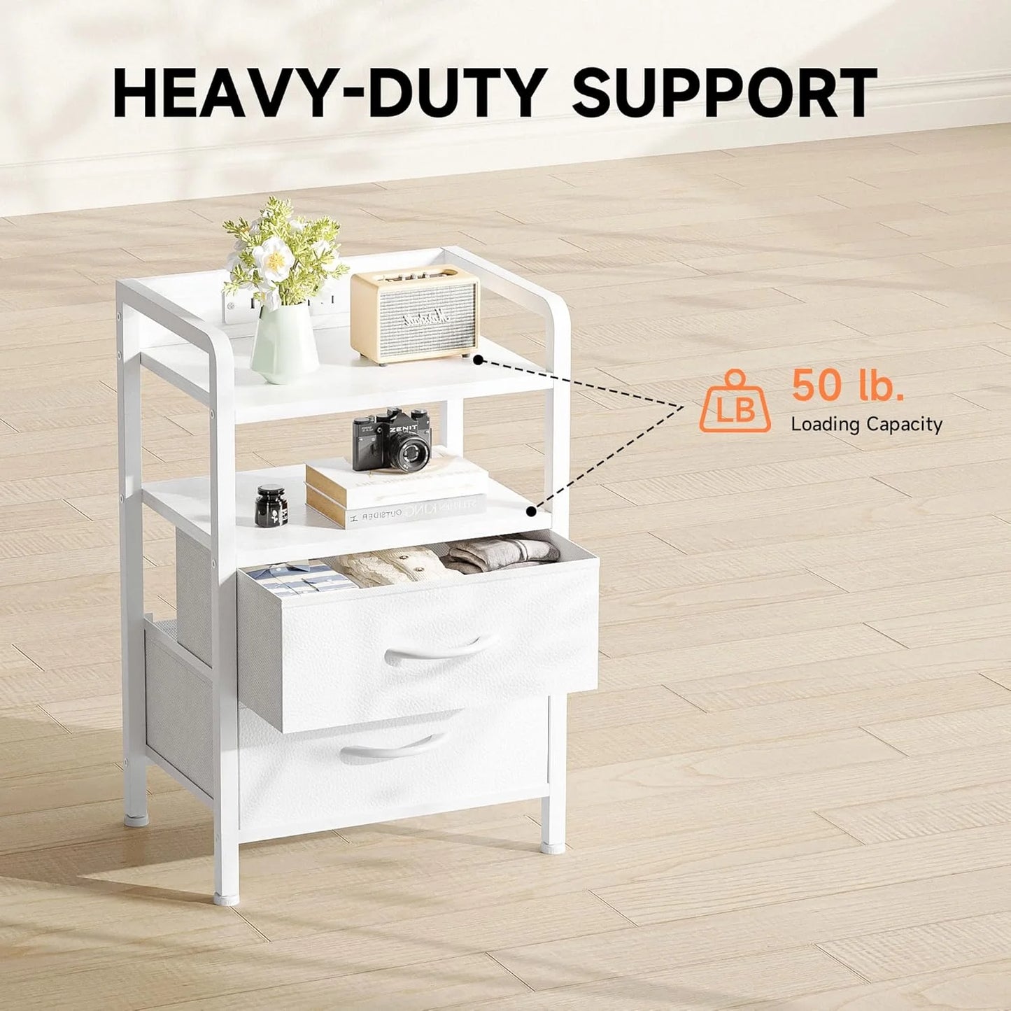 White Nightstand with Charging Station & LED Light Strip