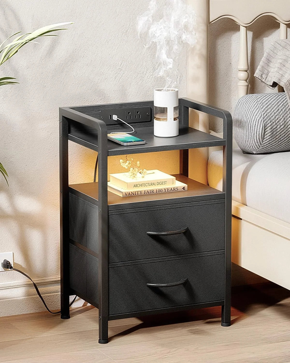White Nightstand with Charging Station & LED Light Strip