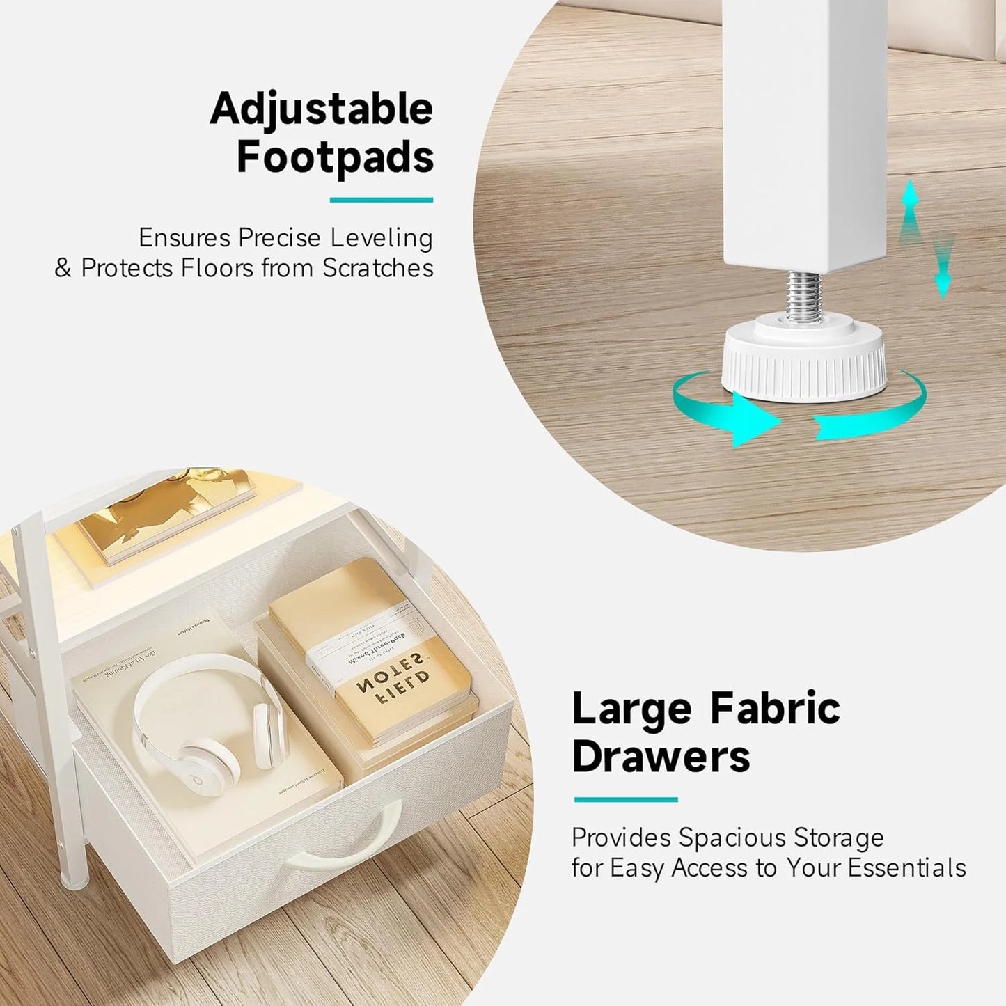 White Nightstand with Charging Station & LED Light Strip