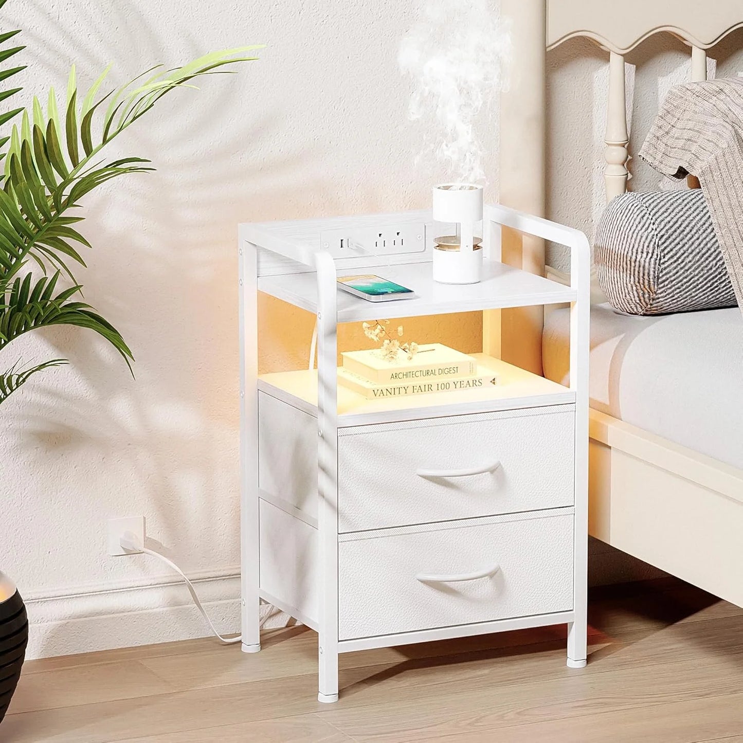 White Nightstand with Charging Station & LED Light Strip