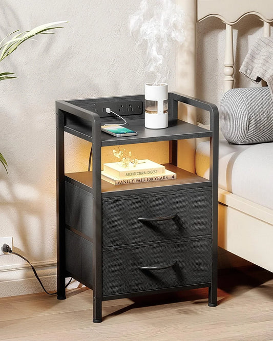 White Nightstand with Charging Station & LED Light Strip